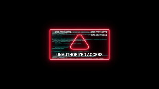 Unauthorized access warning glitch screen with digital code and cyber security alert animation digital glitch