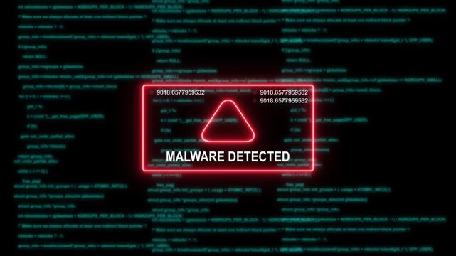 Malware detected warning alert with digital glitch effect and scrolling source code background cybersecurity