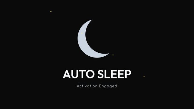 Animated crescent moon and stars on dark background with "AUTO SLEEP" text and "Activation Engaged" subtitle, symbolizing rest, night, and automated processes, for technology and lifestyle