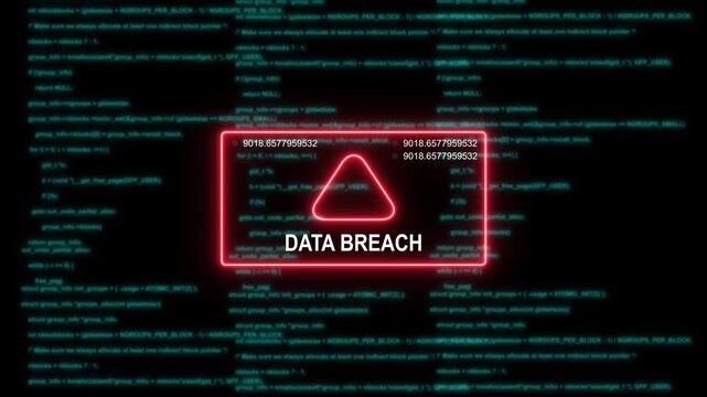 Data breach warning alert with digital glitch effect and scrolling source code background, cyber security