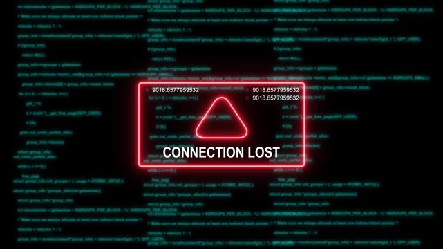 Connection lost digital glitch warning screen with scrolling programming code background, error