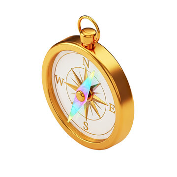 A shiny gold vintage magnetic navigation compass isolated on a white background.