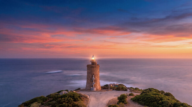 Faro Camarinal en el cabo de Gracia al atardecer en el municipio de Tarifa, Andaluc&iacute;a