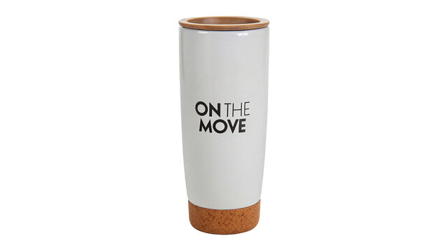 Modern minimalist white insulated travel coffee mug text template isolated on transparent background cut out