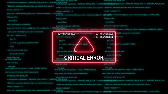 Critical error system alert with glitch effect and digital code background, system failure cyber attack