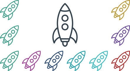 Rocket Ship Launch Line Icon Set with Colorful Spaceship Symbols for Business Startup Innovation Success and Technology Project Designs © MdFaruk