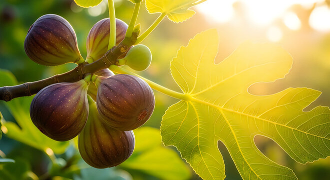 Fresh figs hanging on a sunny tree branch