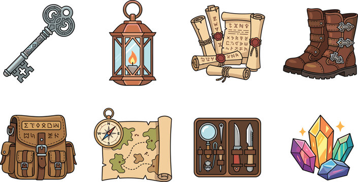 Fantasy Adventure Explorer Equipment Vector Icon Set Isolated on White Background for Game Design