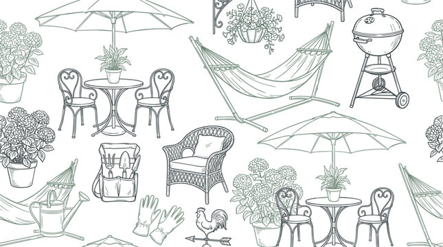 Seamless Pattern of Hand Drawn Backyard Patio Furniture and BBQ Elements with Umbrella Tables Hammock and Potted Plants for Outdoor Textile Design