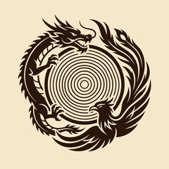 Fototapeta premium Dragon and phoenix emblem surrounding wood grain texture.