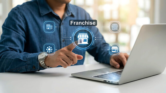 Businessman working on laptop analyzing franchise business growth concept