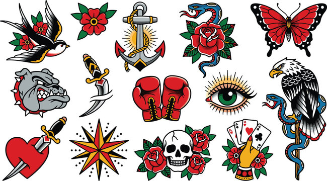 American Traditional Tattoo Flash Sheet Vector Set Featuring Swallow Anchor Snake Rose Butterfly Skull Eagle and Dagger Elements for Vintage Retro Designs