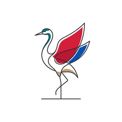 Obraz premium Minimalist line art crane with colorful red blue wings.
