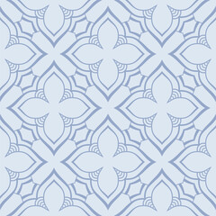 Fototapeta premium Seamless ornamental geometric vector pattern with soft blue floral shapes and symmetrical tile layout. Elegant abstract vector background. Flat design arabic lattice pattern.