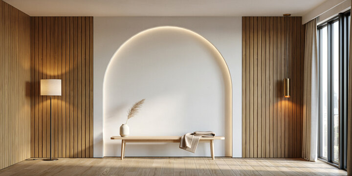 Minimalist living room interior with a decorative arched wall niche featuring wooden paneling and warm ambient lighting interior minimalist scandinavian paneling architecture