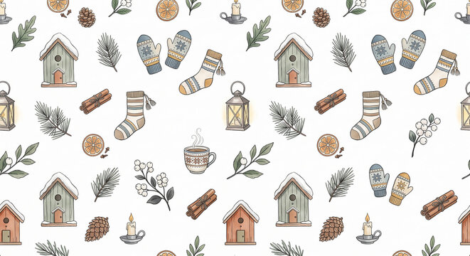 Cozy Winter Watercolor Seamless Pattern with Birdhouses, Pine Branches, Lanterns, Knitted Mittens, Warm Socks, Cinnamon Sticks and Woodland Christmas Elements