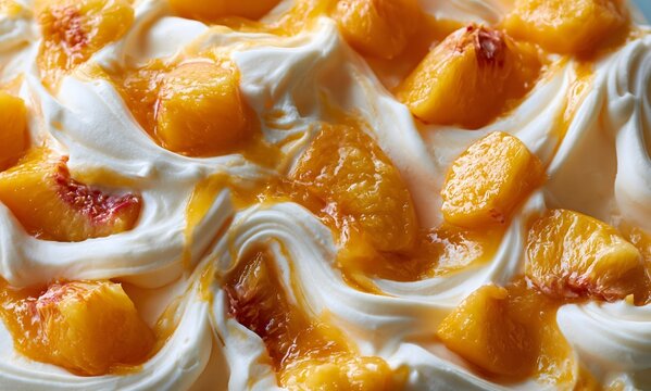 Peach ice cream texture topped with peach pieces