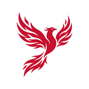 Elegant red firebird phoenix soaring logo.