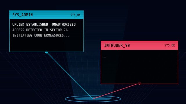 Animated computer system hacking, unauthorized access detected, countermeasures initiated, cybersecurity breach alert, futuristic interface, dynamic motion graphics, seamless loop