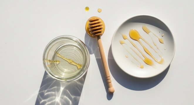 a minimalist ceramic plate with a smooth matte finish, stylized with a creative zig-zag drizzle of golden liquid honey