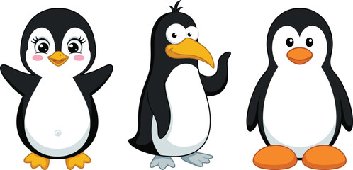 Obraz premium Cute Cartoon Penguin Character Vector Set with Happy Expressions and Waving Poses for Winter Theme Greeting Cards Childlike Stickers and Arctic Wild Animal Designs