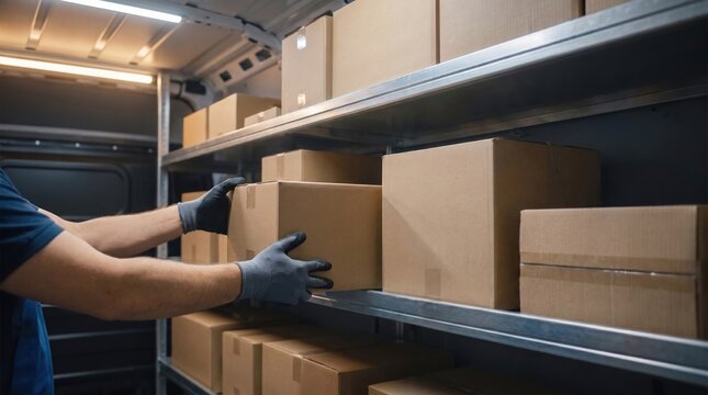 delivery driver wearing gloves placing a cardboard package onto metal shelving inside the cargo area of a delivery van, symbolizing logistics and efficient parcel handling.