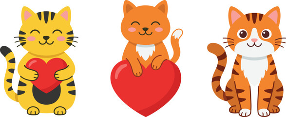 Cute Cartoon Cat and Kitten Vector Set with Red Hearts for Valentine Day Greeting Cards Sweet Animal Mascot Stickers and Childlike Designs