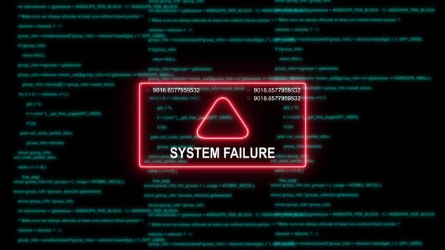 System failure warning with digital glitch effect and scrolling computer code background, error cyber security