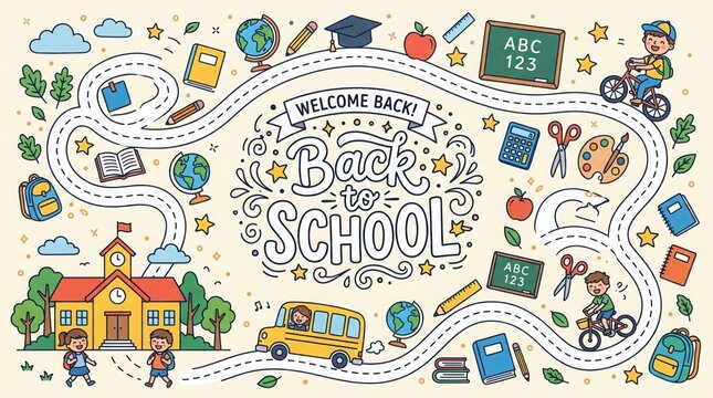 Colorful back to school doodle background with students cycling to class.