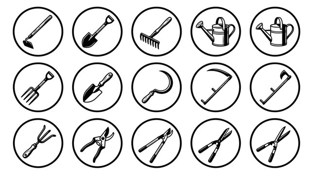Gardening tools icons in circles.