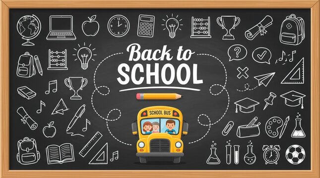 Back to school chalk board background with cute school related doodles.