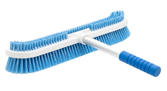Large blue industrial pool cleaning brush with long handle isolated on a transparent background for professional maintenance