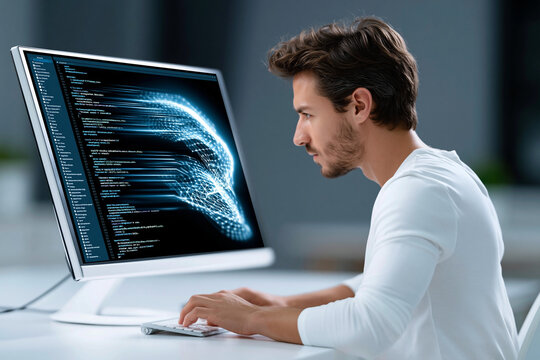 A developer writing code on a large monitor in a modern office setting, with the background intentionally blurred to provide significant copy space.