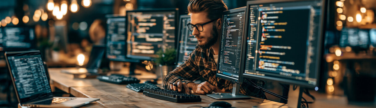 A developer writing code on a large monitor in a modern office setting, with the background intentionally blurred to provide significant copy space.
