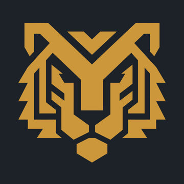 Geometric gold lion head logo on black.