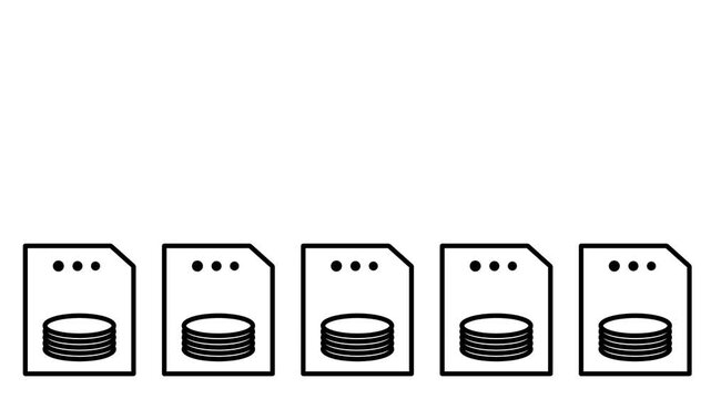Outline icon of five small cylindrical database stacks arranged in a row representing distributed data storage servers great for web design mobile