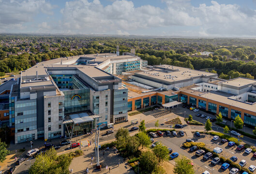Peterborough City Hospital, Peterborough, Cambridgeshire, England, aerial view of the modern NHS healthcare campus serving the East of England with extensive medical facilities