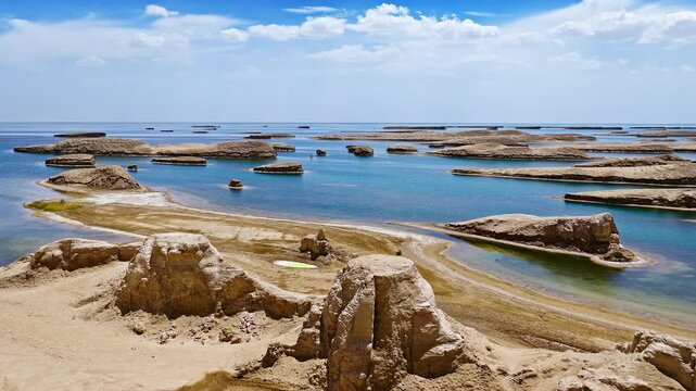 Aerial view of water yardang landforms in a turquoise lake in Qinghai, China