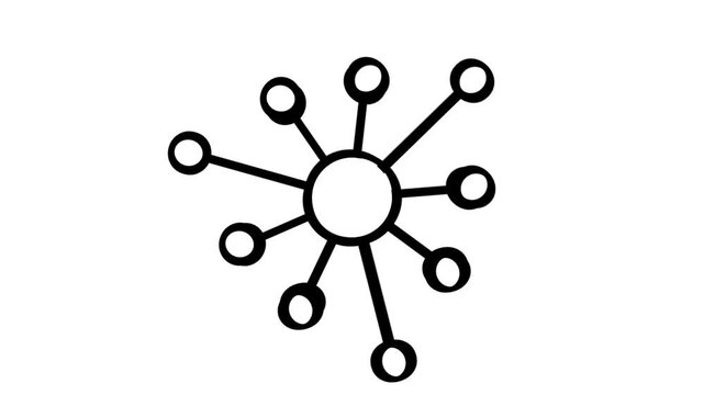 Filled icon of a central circular hub with many radiating connected nodes representing a large distributed data network commonly used in websites