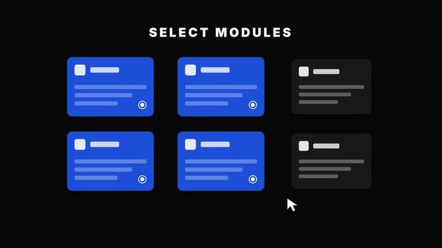 Animated module selection process, colorful UI elements with cursor interaction, seamless loop, symbolizing user interface and technology