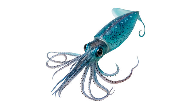 Detailed exotic blue squid or cuttlefish swimming sideways isolated on transparent background