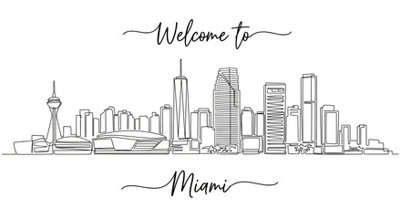 Obraz premium Welcome to Miami Skyline Line Art | Cityscape Illustration