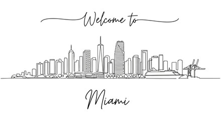 Fototapeta premium Welcome to Miami Skyline, Continuous Line Art, Cityscape Landmark Illustration