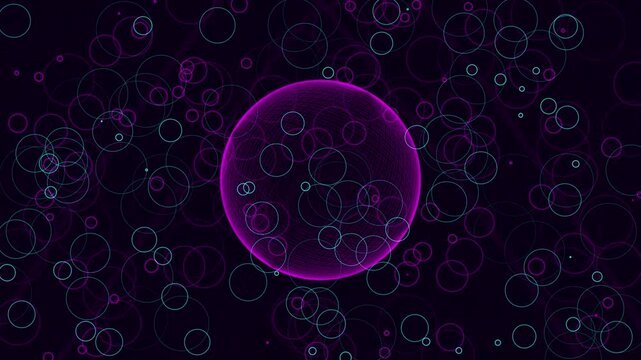Animated digital sphere with interconnected wireframe grid rotating surrounded by glowing circles in space
