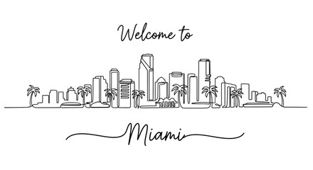Fototapeta premium Miami Skyline Line Art - Welcome to Miami Cityscape Outline
