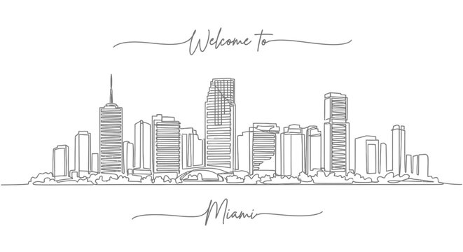 Miami Skyline Continuous Line Drawing Art - Welcome to Miami Cityscape
