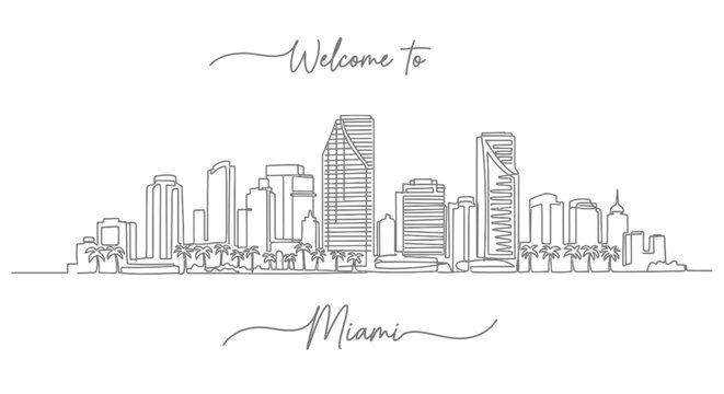 Miami Skyline Illustration, Welcome to Miami, Continuous Line Art, Cityscape Drawing
