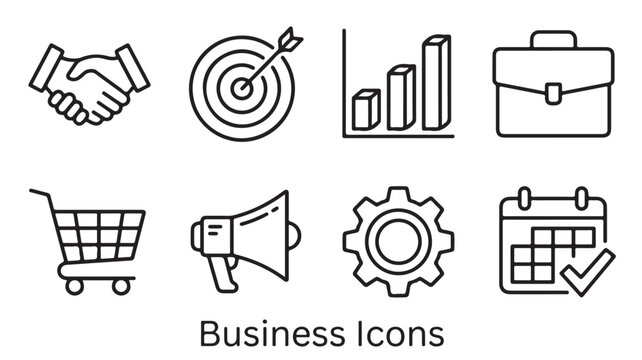 Minimalist business icons set, professional corporate line art symbols, 8 vector marketing and finance elements for web design and presentations