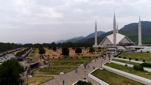Beautiful Morning Aerial of Faisal Mosque and Islamabad City.