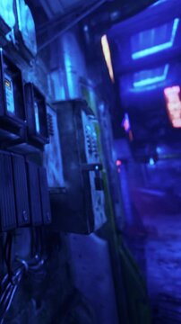 A city alley shows old phone booths against walls with neon lights. The scene is dark, with a glow from the signs. It looks quiet and empty at night, with wet pavement reflecting light.